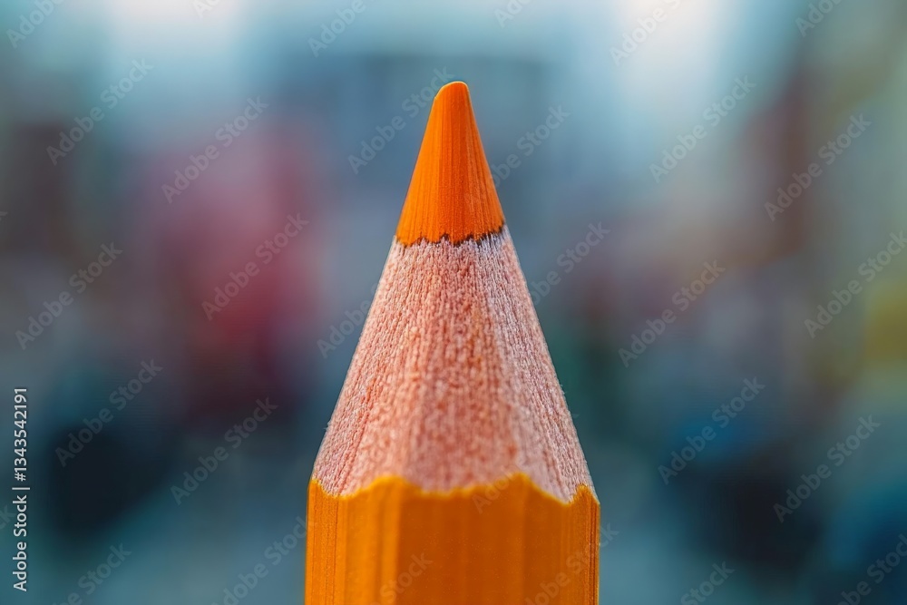 Poster close-up of a sharpened orange colored pencil against a blurred background in an artistic environmen