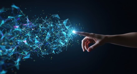 A hand touching a glowing network of blue and purple lines and dots on a dark background space