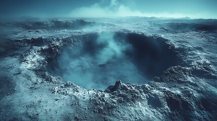 Alien planet crater landscape with smoke.