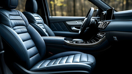 Luxurious blue leather car interior, showing front seats and dashboard