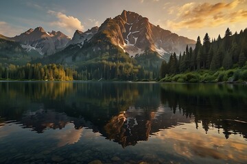 A serene mountain landscape at sunrise with a calm lake and lush forests, symbolizing peace, natural beauty, and outdoor exploration.