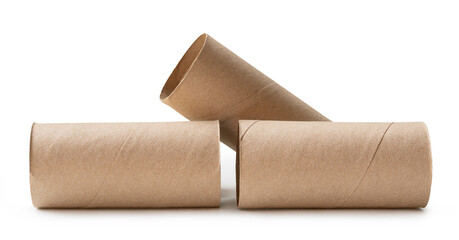 Side view of tissue paper cores or toilet paper tubes in stack after used out in toilet or restroom isolated on white background with clipping path