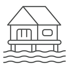 Cottage house on piles at water thin line icon, thailand resort concept. Vector graphics. Venetian style house sign on white background, outline style icon for mobile or web design.