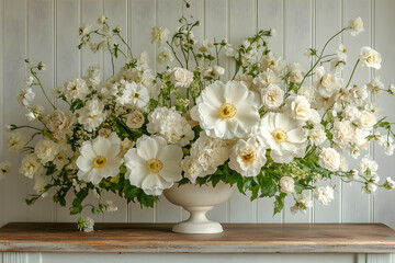Luxurious white floral arrangement in elegant urn