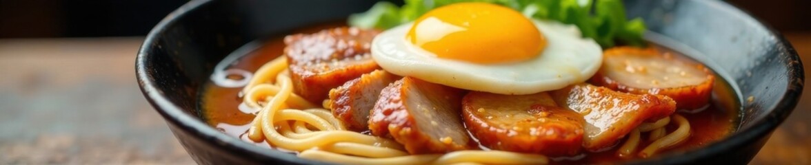 Close-up shot of juicy pork slices and soft-boiled egg on top of steaming hot shoyu ramen noodles , Japanese ingredients, steamed eggs