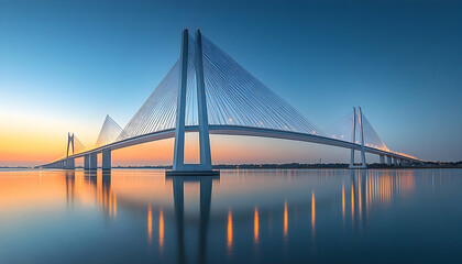 Fototapeta premium Majestic cable-stayed bridge at sunrise reflecting on calm water