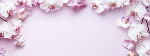 Blooming orchids on pale purple background flat s