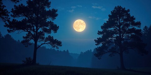 Dark forest at dusk with trees silhouetted against a bright moonlit sky, night, forest