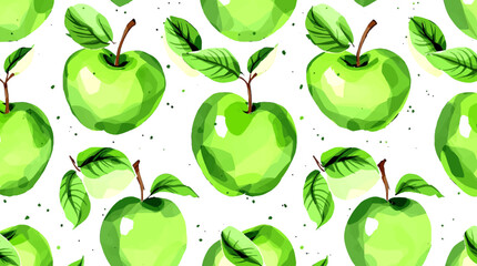 Watercolor pattern green apple white background vector	