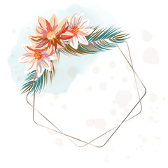 Elegant Geometric Floral Frame with Pink Exotic Flowers, Palm Leaves, and Watercolor Splashes. Botanical Template for Wedding Invitations, Greeting Cards, and Luxury Design Projects