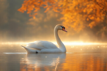 Fototapeta premium Majestic swan gracefully glides on calm autumn lake at sunrise, golden light reflecting on water