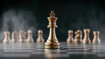 Golden Chess King Piece Standing Strong on Board with Other Pieces in Background