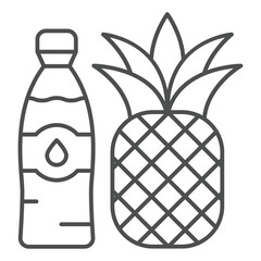 Pineapple and mineral water bottle thin line icon, thailand resort concept. Vector graphics. Pine apple fruit with bottle sign on white background, outline style icon for mobile or web design.