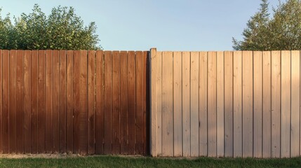 Fototapeta premium Sturdy Wooden Fence with Fresh Coat of Paint, Dividing Two Landscapes Under Clear Sky