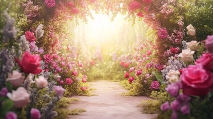 Enchanted floral walkway with romantic blossoms leading to a sunlit dreamscape