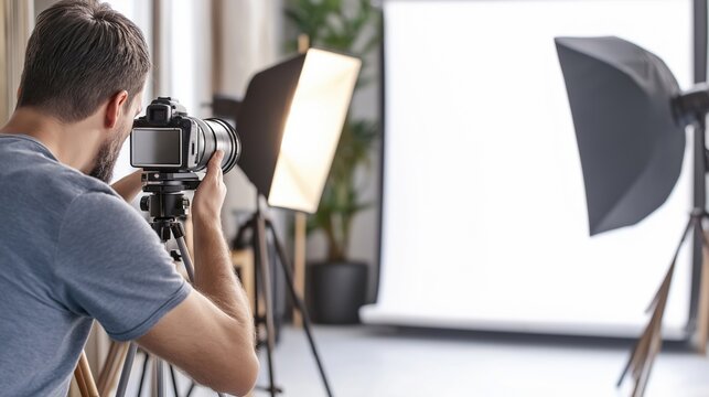 Professional photographer setting up a camera in a modern photo studio with lighting equipment and a white backdrop. Perfect for concepts of creativity, media, and production.