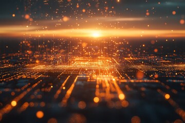 Glowing digital connections and global network concept over blurred cityscape at sunset