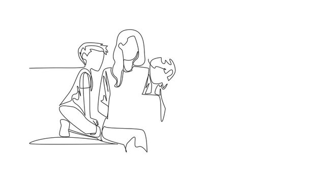 Animation of single continuous line drawing mother opens laptop on sofa with her daughter and son. Bringing work to home. Missing the kids so much. National Single Parent Day. Full length motion