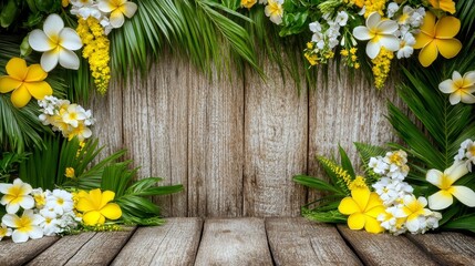 Obraz premium Exotic floral arrangement on weathered wood backdrop evoking summer relaxation