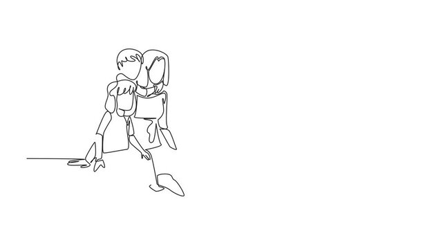 Animated self drawing of continuous one line drawing mother sits on the floor holding her daughter. Her son hugs from behind. Try to be fair. Loving. National Single Parent Day. Full length animation