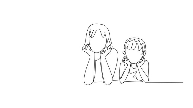 Animation of a single one line drawing of mother flanked by daughter and son lying down holding chin. Posing in front of the camera. Selfie. National Single Parent Day. Full length motion