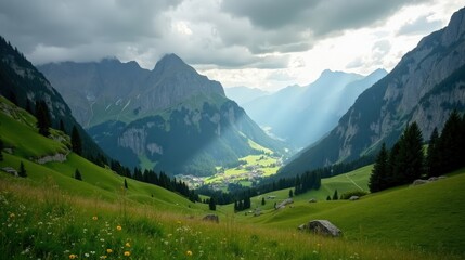 Obraz premium Aerial view of Appenzell, Switzerland, in rainy midday conditions. Mist-covered hills and meadows create a tranquil, dreamy alpine landscape.