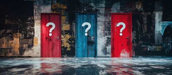 Three closed doors with question marks on a textured wall background, symbolizing choice, uncertainty, and decision-making in a mysterious setting