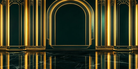 A luxurious 3D background with an elegant art deco theme. Golden symmetrical patterns decorate dark emerald green walls, with a polished black marble floor reflecting warm ambient lighting. Subtle