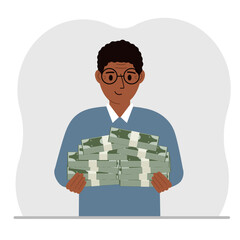 A man is holding a large pile of paper money. Vector flat illustration