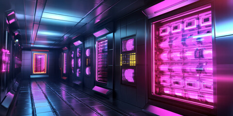 A cyberpunk 3D background of a high-security vault hidden deep beneath a neon-lit metropolis. Layers of biometric scanners, laser grids, and AI-controlled drones protect the treasures locked within