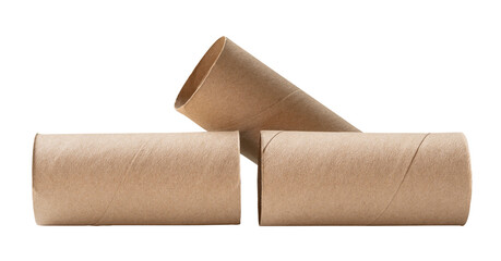 Side view of tissue paper cores or toilet paper tubes in stack after used out in toilet or restroom isolated with clipping path in png file format