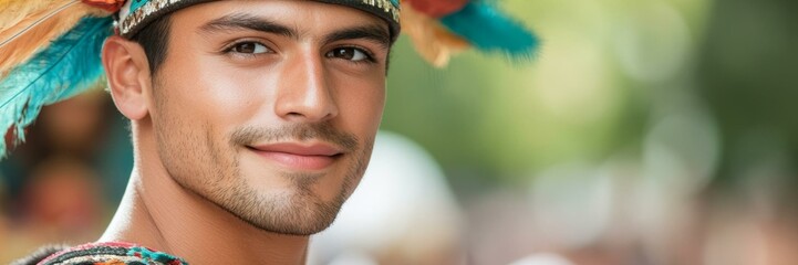 Obraz premium Smiling man in vibrant traditional headdress, celebrating Native American heritage, cultural festival, pride