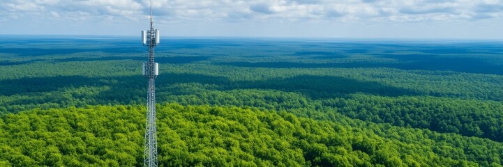 Obraz premium Cell tower amidst vast green forest, symbolizing digital communication, sustainable technology, aerial scenic landscape