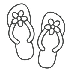 Flip flops with flowers thin line icon, summertime footwear concept. Vector graphics. Beach shoes sign on white background, outline style icon for mobile or web design.