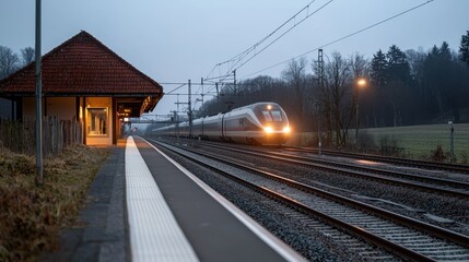 Naklejka premium High-Speed Train in Motion Blur Passing Station at Dusk with Warm Light and Empty Platform