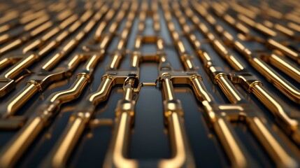 Golden metal circuit pipes pattern, futuristic digital technology design, innovation and cyber security concept