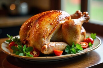 Roasted turkey with golden-brown skin and juicy meat on a wooden table, plate, holiday