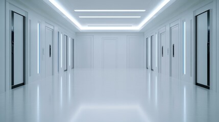 Fototapeta premium Futuristic white corridor with sleek doors, modern architecture, innovation, sleek design, minimalism