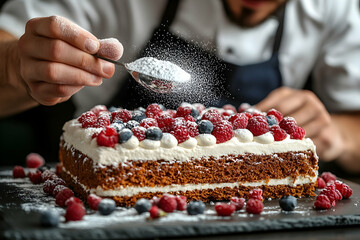 Pastry chef dusting powdered sugar on a raspberry and blueberry cake