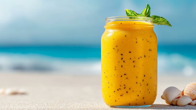 Bright mango smoothie in a mason jar on sandy tropical beach, summer refreshment, vacation vibes