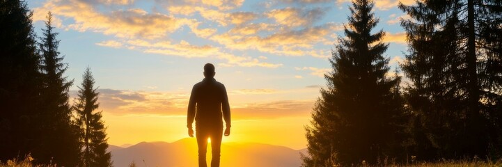 Sunset hike in serene mountains, male silhouette, tranquility and adventure, nature exploration retreat