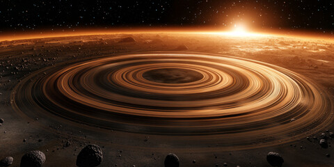 Fototapeta premium A cosmic 3D background showcasing an asteroid belt orbiting a massive gas giant. The glowing rings and celestial particles add depth, emphasizing the vastness of space and the beauty of planetary