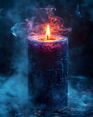Mystical candle with glowing purple flame and ethereal smoke