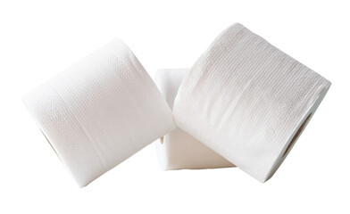 Three rolls of white tissue paper or toilet paper in stack isolated with clipping path in png file format