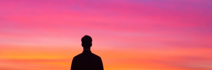 Fototapeta premium A silhouette of a person against a vibrant sunset sky, symbolizing reflection and tranquility