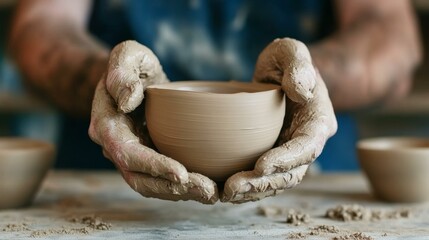 Potter's hands shaping clay pottery bowl, craftsmanship and creativity, artisan skill, male artist workshop
