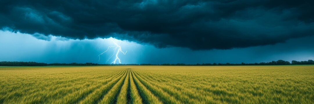 Thunderstorm with lightning striking over a vast field, symbolizing dramatic weather and agriculture challenges