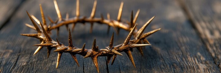 Crown of thorns on rustic wood, symbolizing Easter, Christian faith, sacrifice, and spirituality