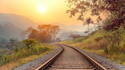 Obraz premium Sunrise over a railway track winding through a valley