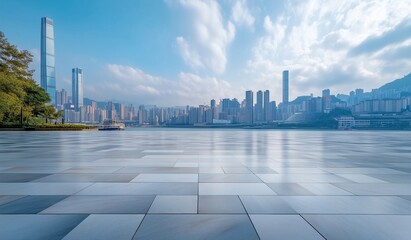 Panoramic city skyline view: empty marble square floor for product showcase, daytime landscape photography